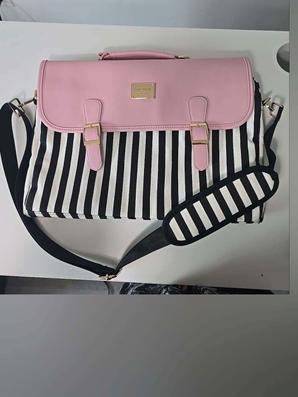 Kathy Van Zeeland Pink & Black Striped Laptop Bag